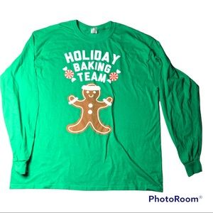 green long sleeve tee “Holiday Baking Team” w/ gingerbread man size XL